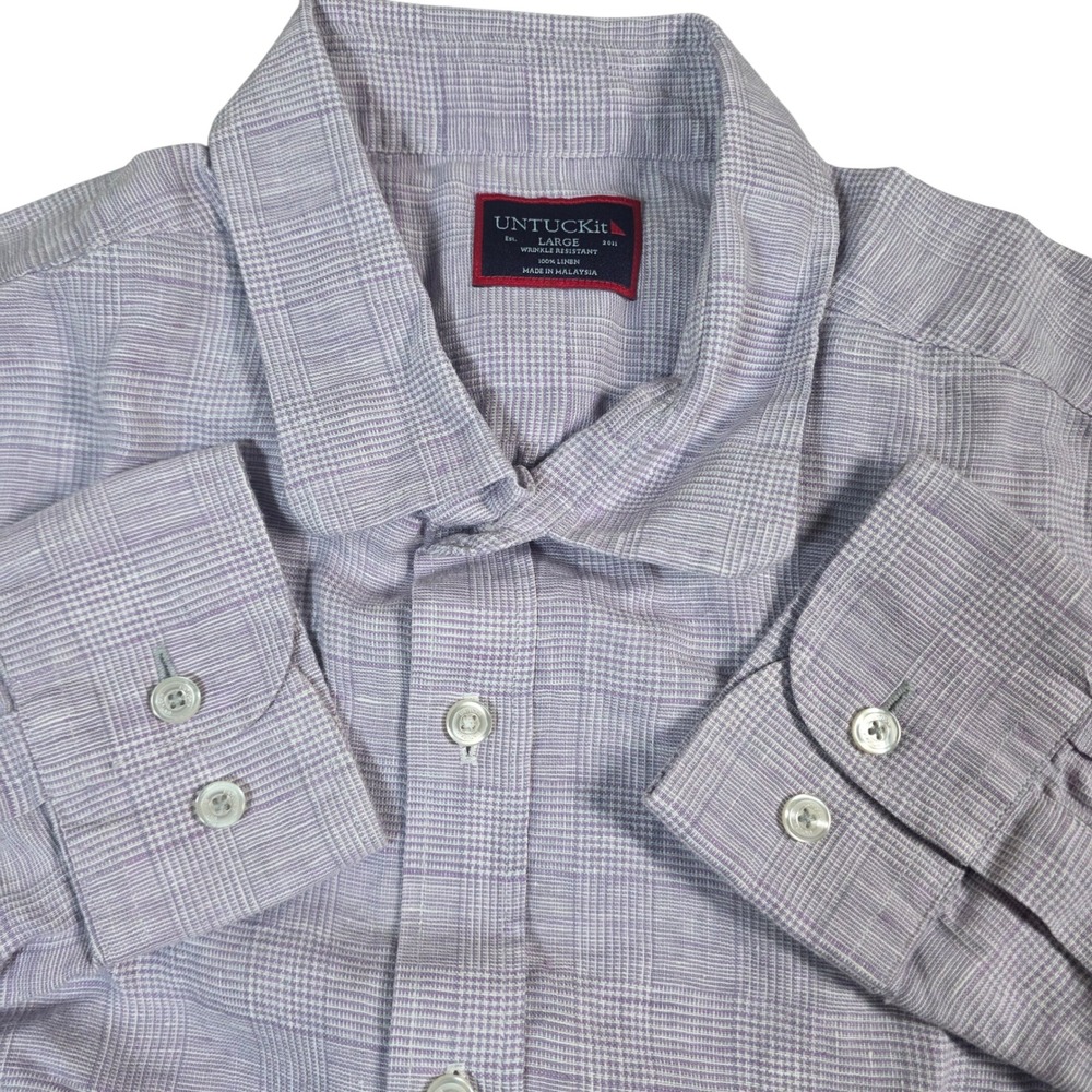 UNTUCKit Torontel WR Shirt Mens Large Purple Plaid Linen Wrinkle‎ Resistant